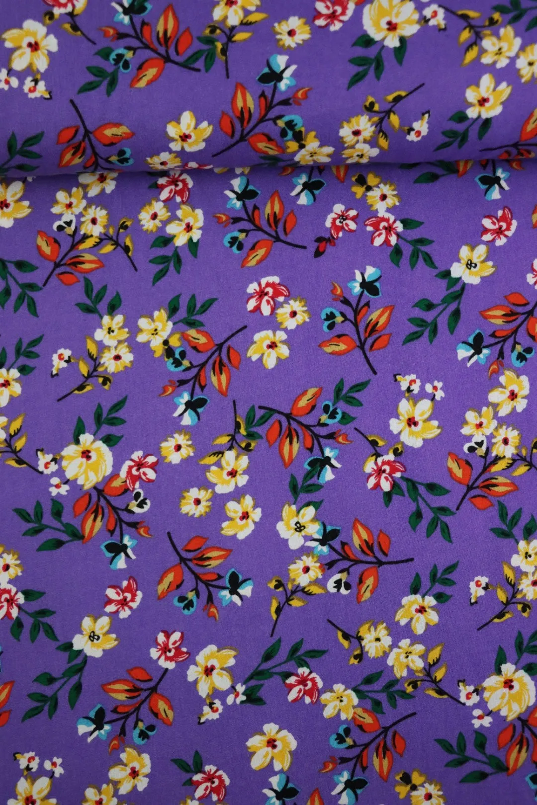 1YD 12IN REMNANT; Gia Floral on Purple Rayon Challis