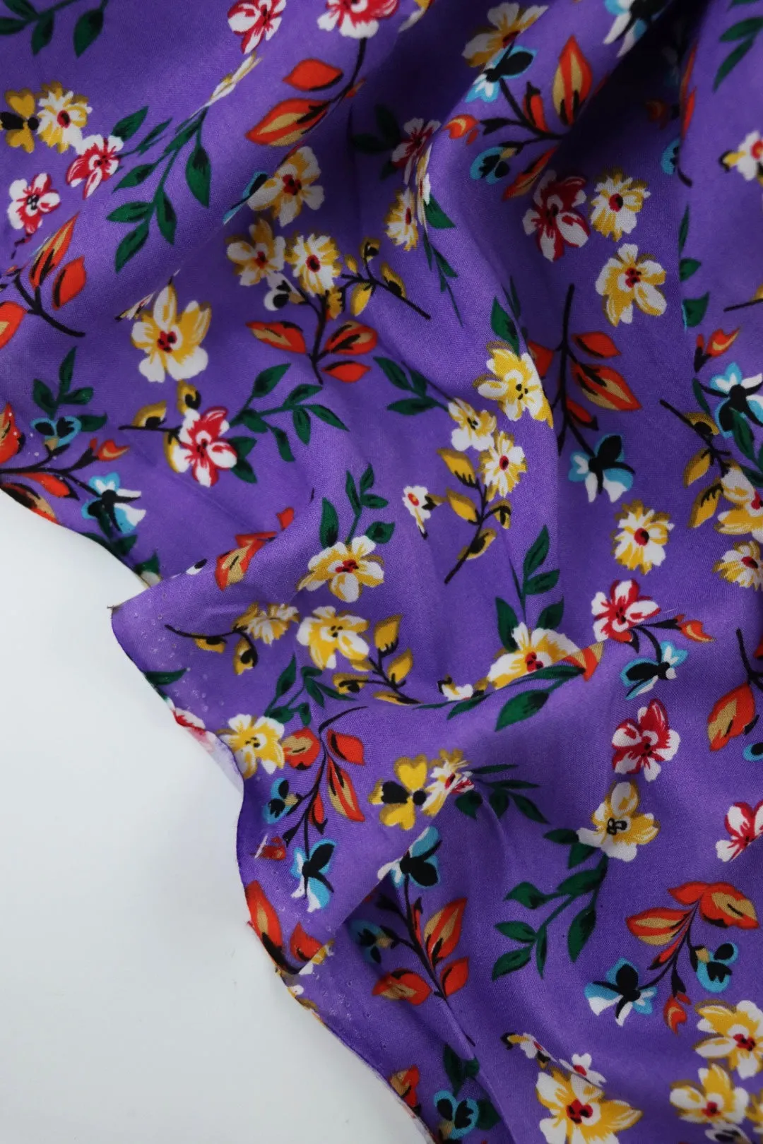 1YD 12IN REMNANT; Gia Floral on Purple Rayon Challis