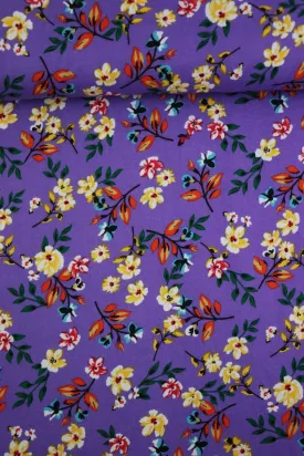 1YD 12IN REMNANT; Gia Floral on Purple Rayon Challis