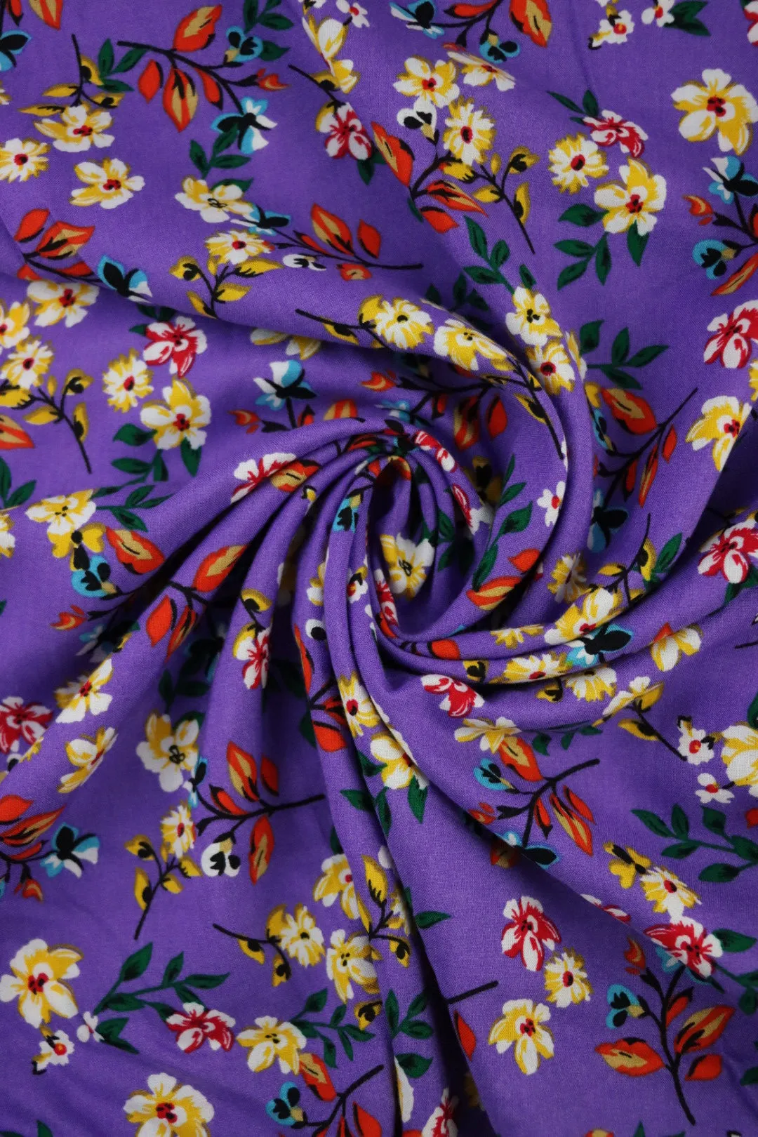 1YD 12IN REMNANT; Gia Floral on Purple Rayon Challis