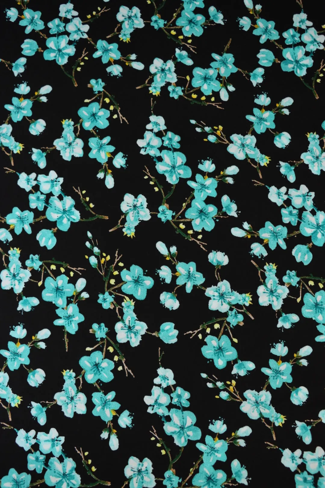 4YD 21IN REMNANT; Aqua Plumerias on Black Rayon Challis