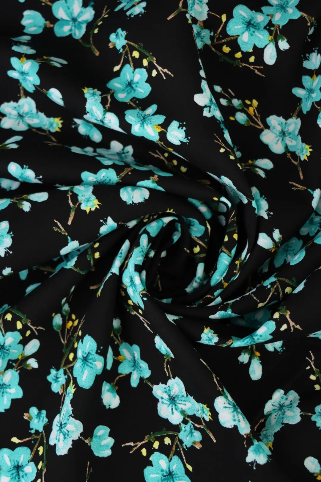 4YD 21IN REMNANT; Aqua Plumerias on Black Rayon Challis