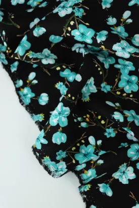 4YD 21IN REMNANT; Aqua Plumerias on Black Rayon Challis