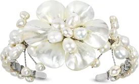 AeraVida Oceans Iridescent Garden White Mother of Pearls Seashell and Cultured Freshwater Pearls Floral Cuff Bracelet | Open Cuff Bangle Bracelet for Women