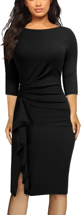 AISIZE Women's Retro 3/4 Sleeve Ruched Elegant Business Pencil Sheath Dress