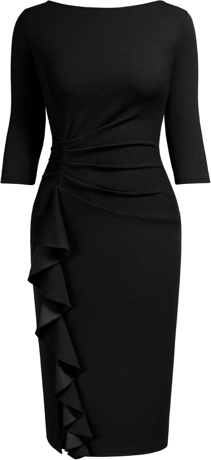 AISIZE Women's Retro 3/4 Sleeve Ruched Elegant Business Pencil Sheath Dress