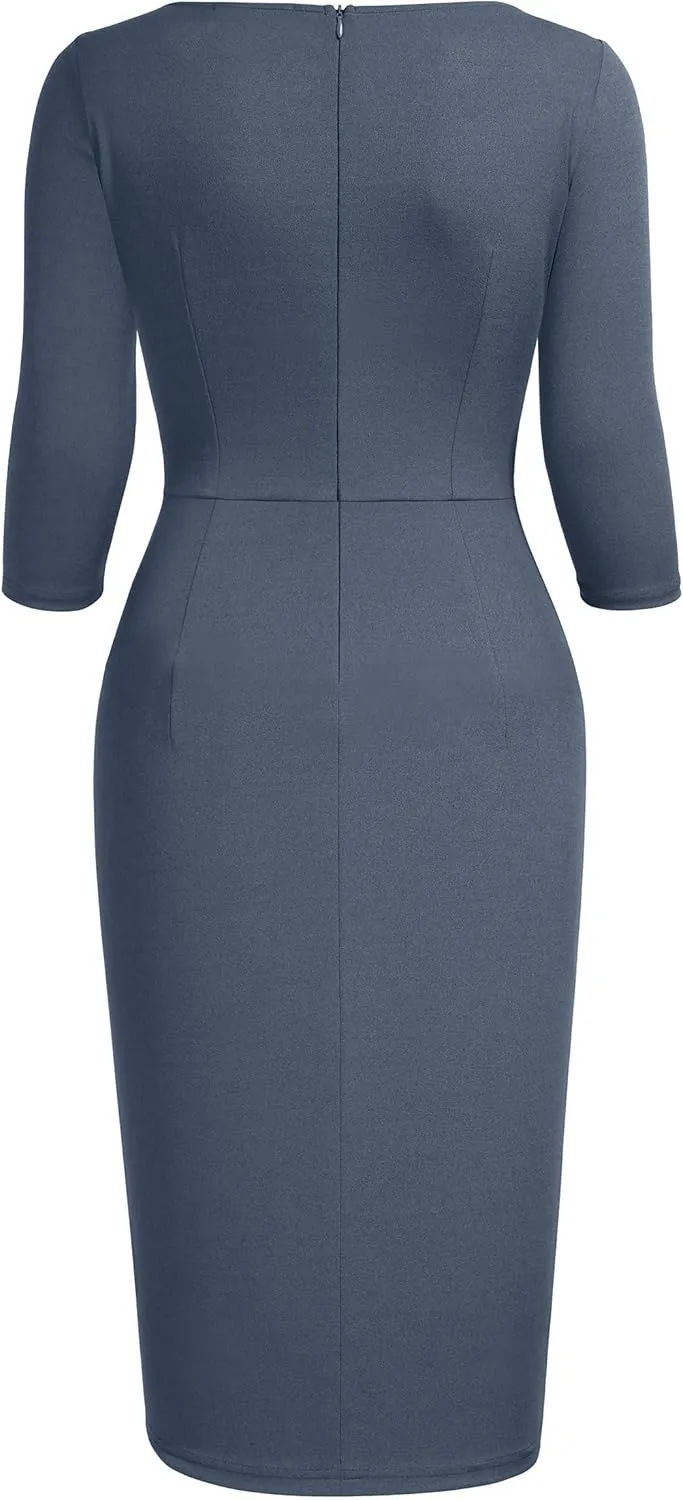 AISIZE Women's Retro 3/4 Sleeve Ruched Elegant Business Pencil Sheath Dress