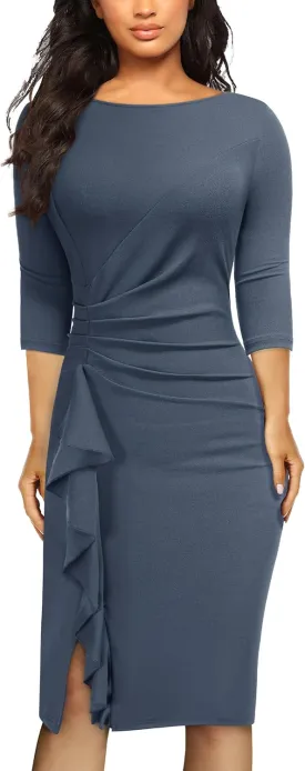 AISIZE Women's Retro 3/4 Sleeve Ruched Elegant Business Pencil Sheath Dress