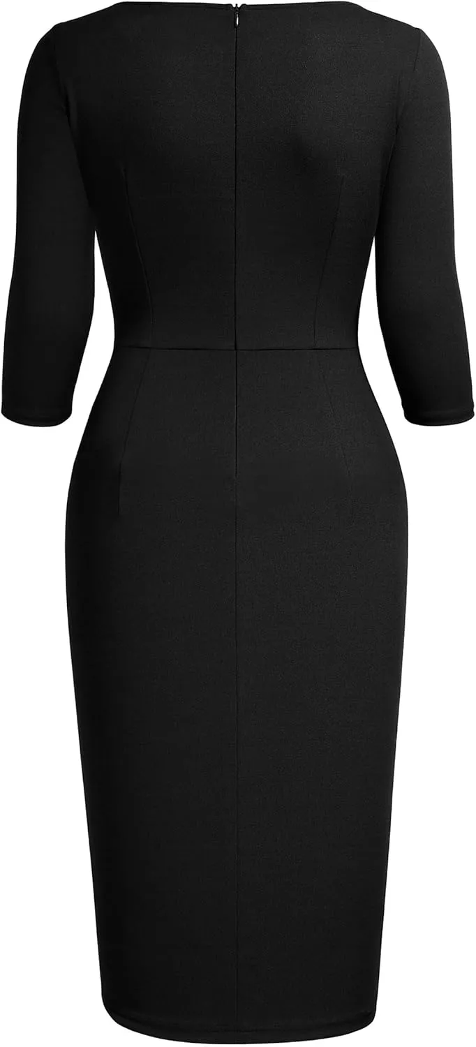 AISIZE Women's Retro 3/4 Sleeve Ruched Elegant Business Pencil Sheath Dress