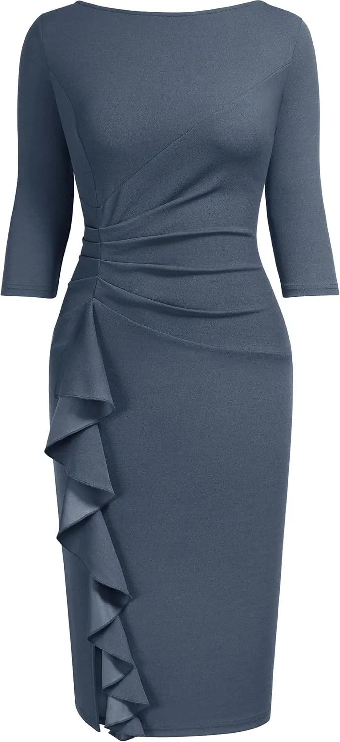 AISIZE Women's Retro 3/4 Sleeve Ruched Elegant Business Pencil Sheath Dress