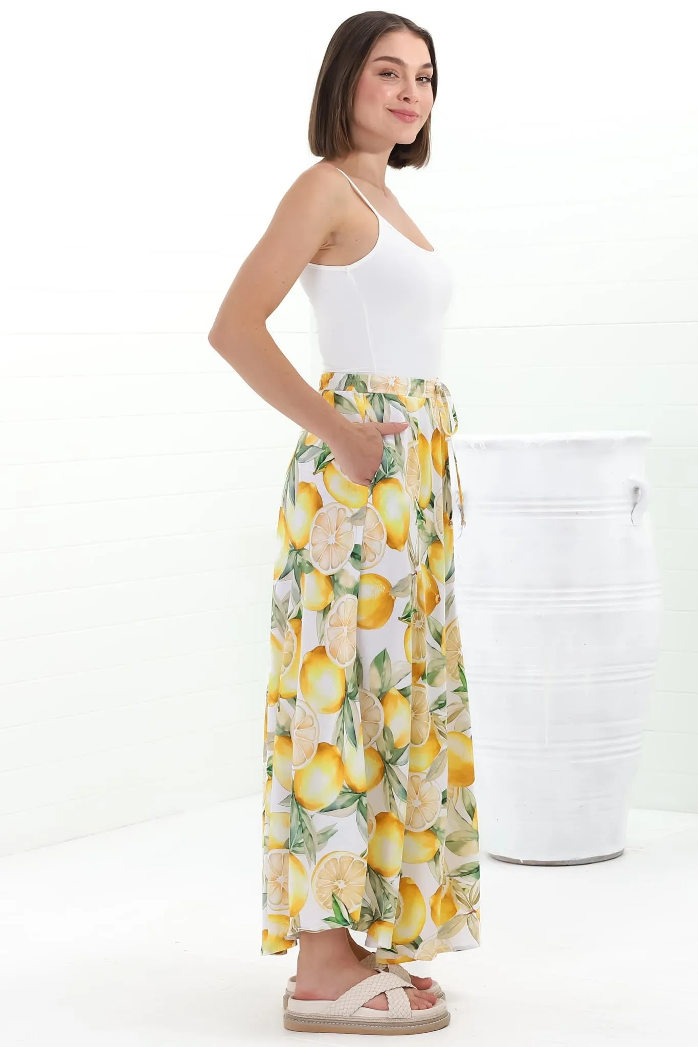 Alice Maxi Skirt - High Waisted Scoop Hemline Skirt with Pockets in Sicily Print