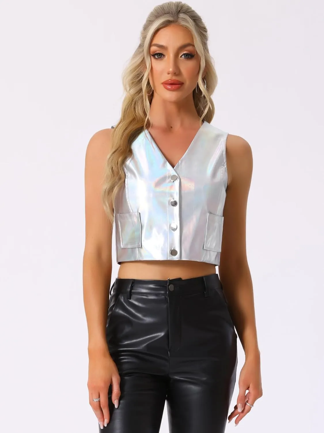 Allegra K Women's Crop Jacket Sleeveless Holographic Metallic Vest
