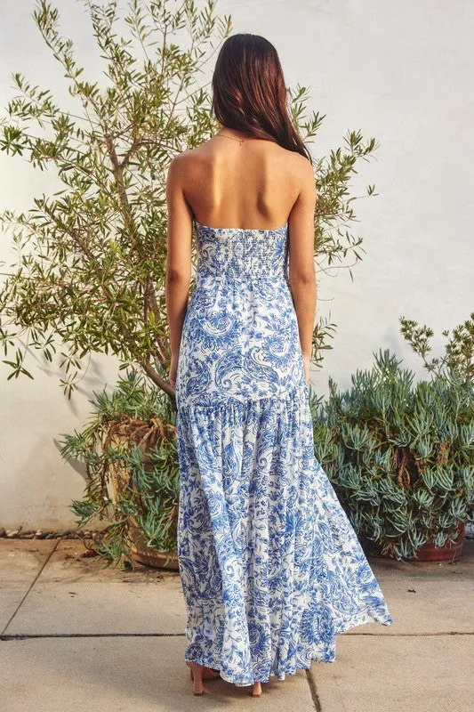 Annie Sleeveless Paisley Print Drop Waist Maxi Dress Blue