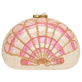 Berna Raffia Fan Shell Clutch, Natural/Coral