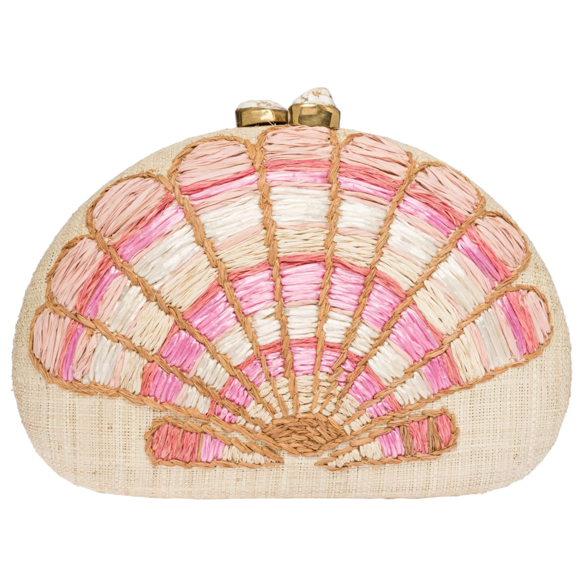Berna Raffia Fan Shell Clutch, Natural/Coral