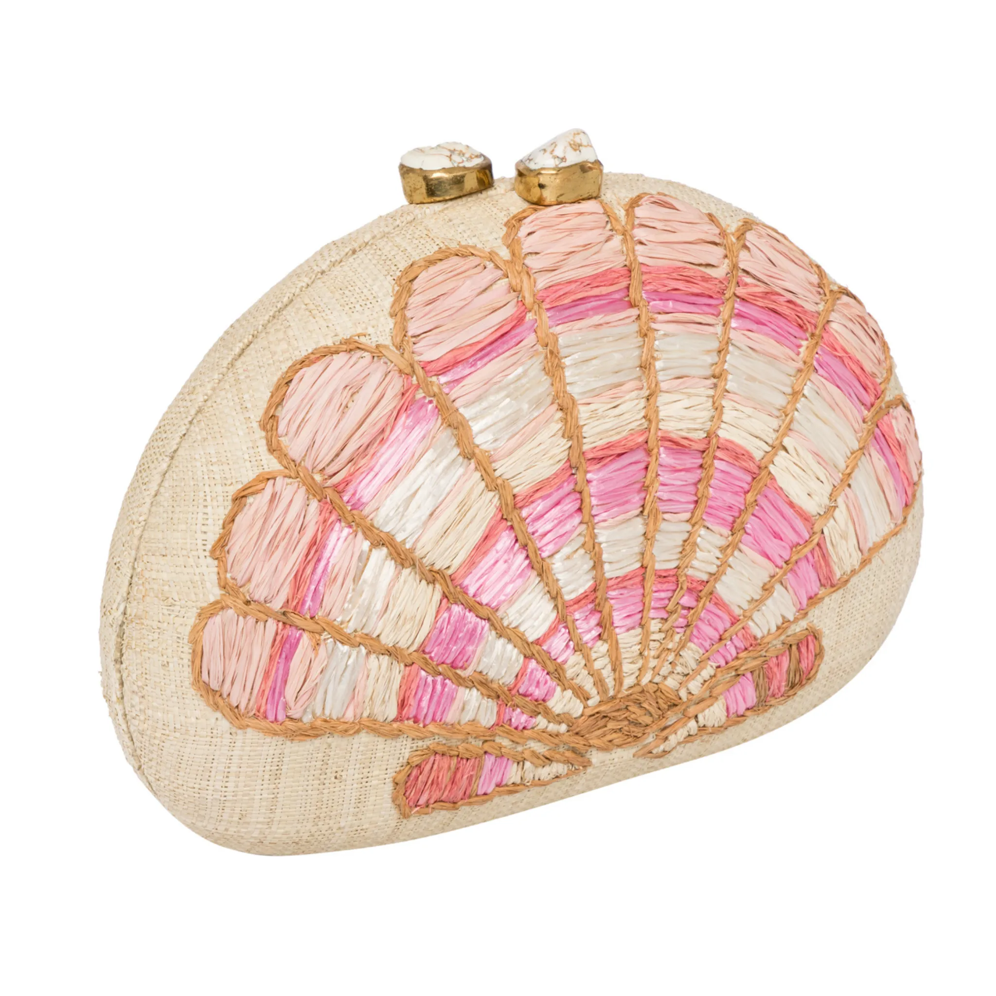 Berna Raffia Fan Shell Clutch, Natural/Coral