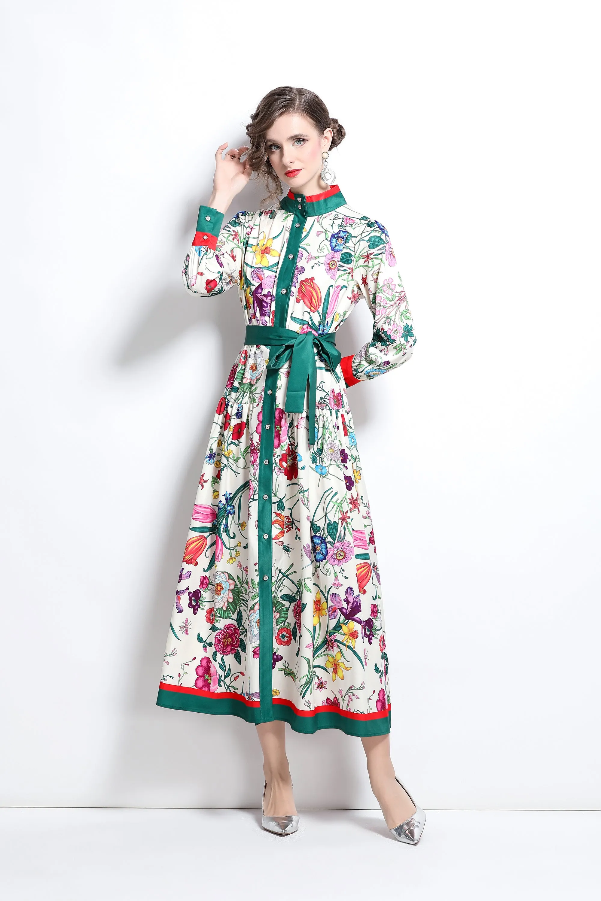 BK-Floral Print Button Up Casual Maxi Dress