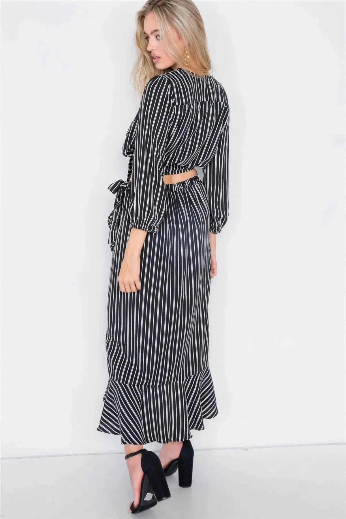 Black & White Stripe Crop V-Neck & Mock Wrap Midi Skirt Set /2-2-2