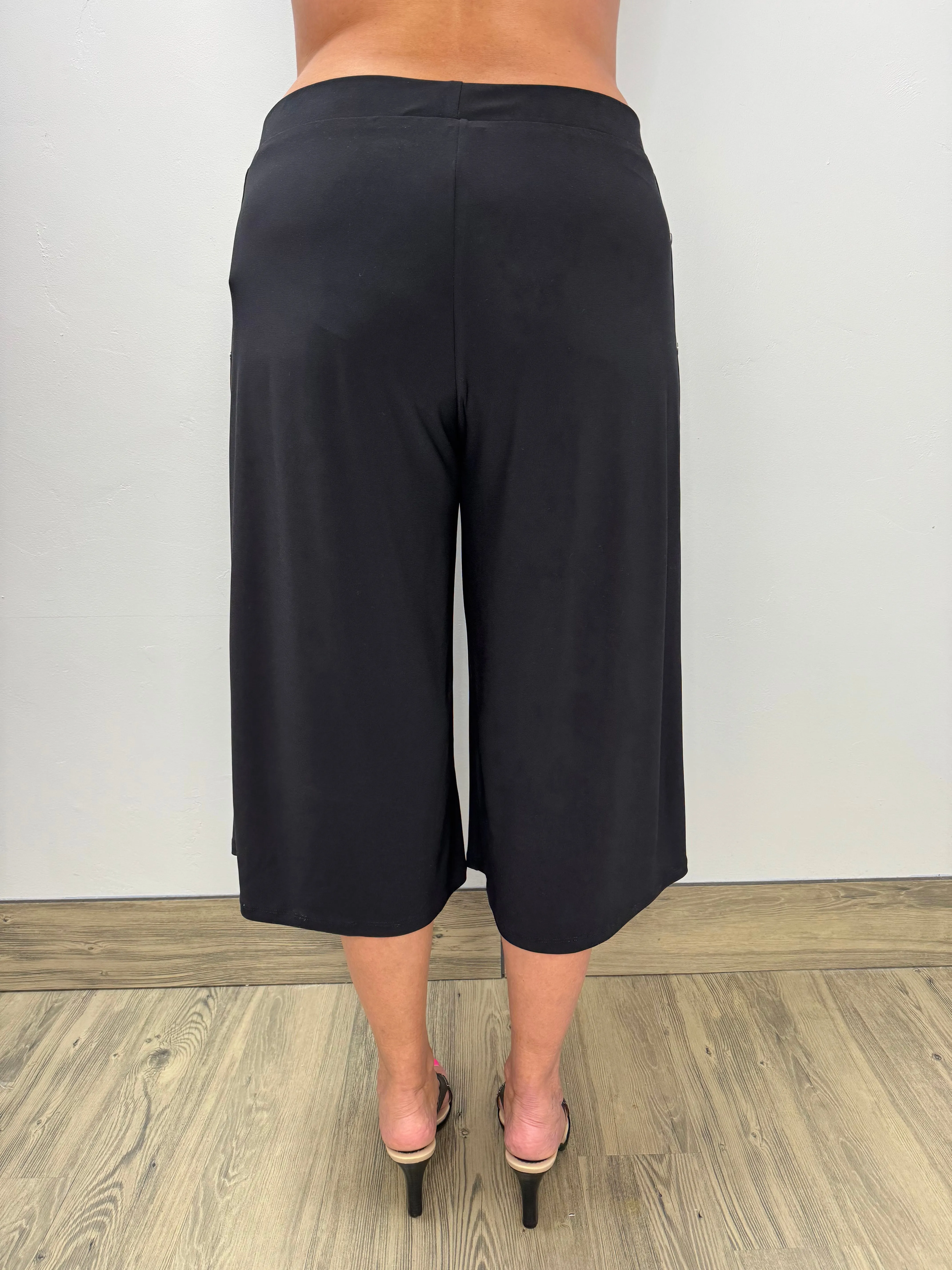 Black Capri Pants with Side Buttons and Flat Front