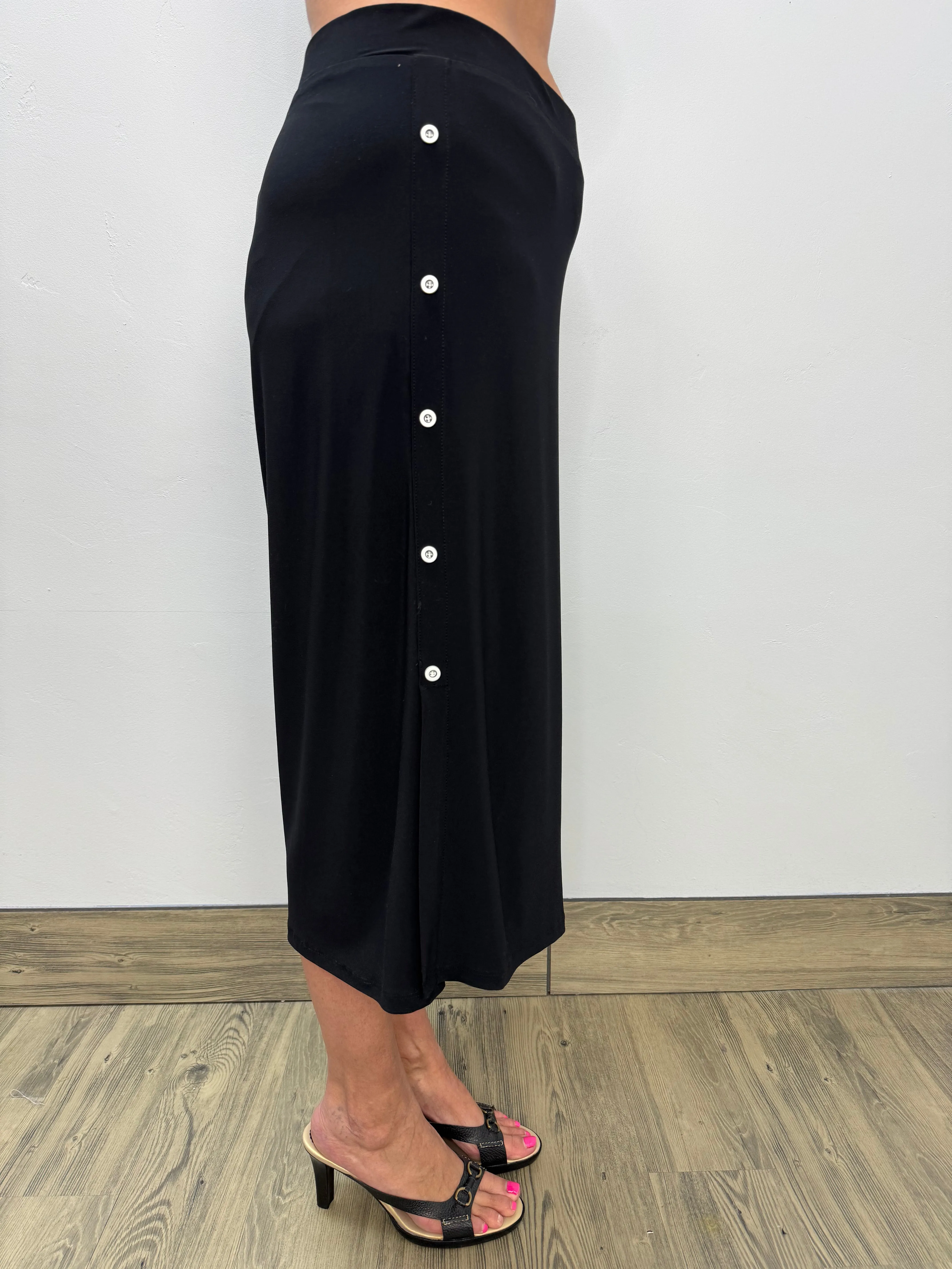 Black Capri Pants with Side Buttons and Flat Front
