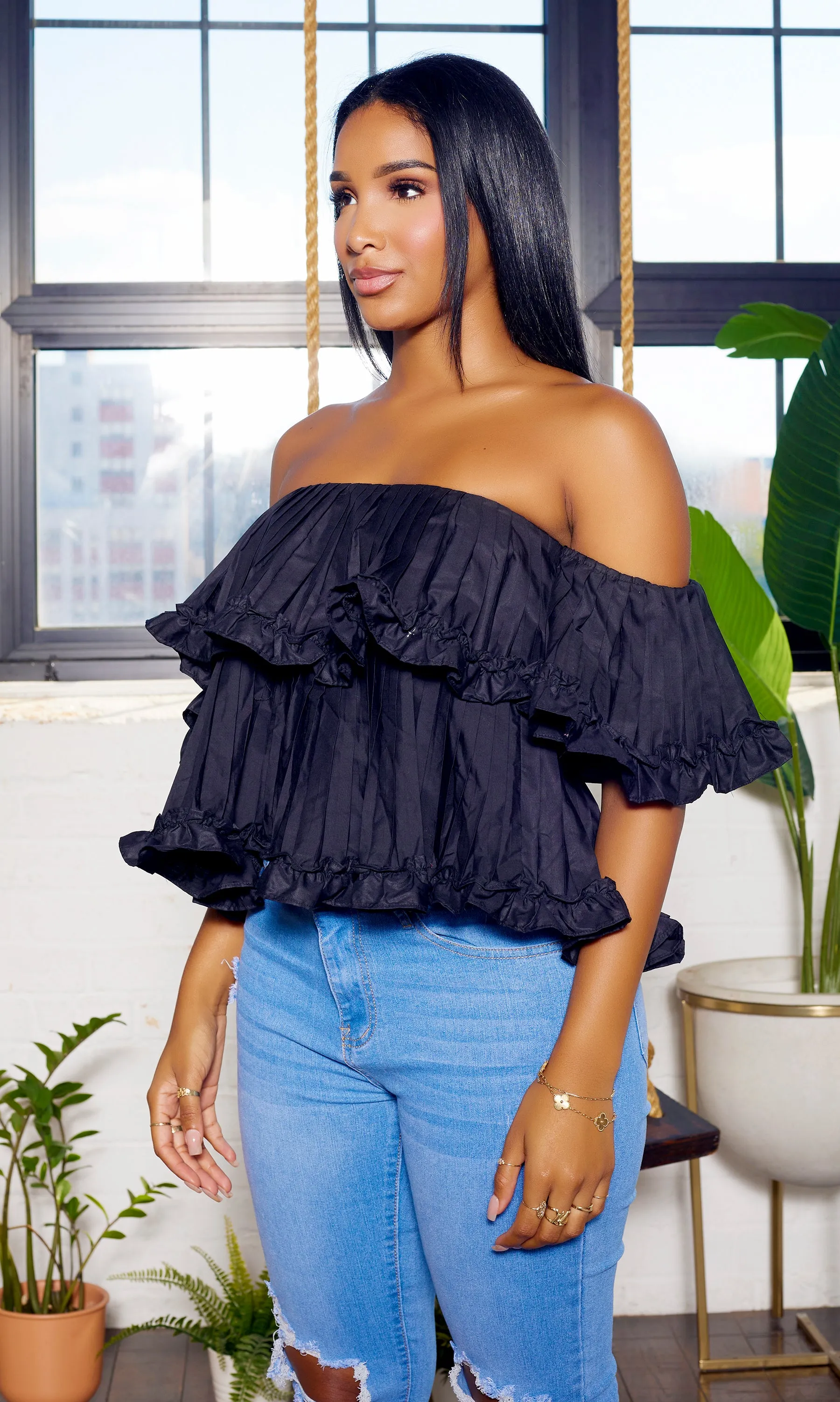 Black Ruffle Layered off the shoulder Top FINAL SALE
