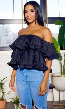 Black Ruffle Layered off the shoulder Top FINAL SALE