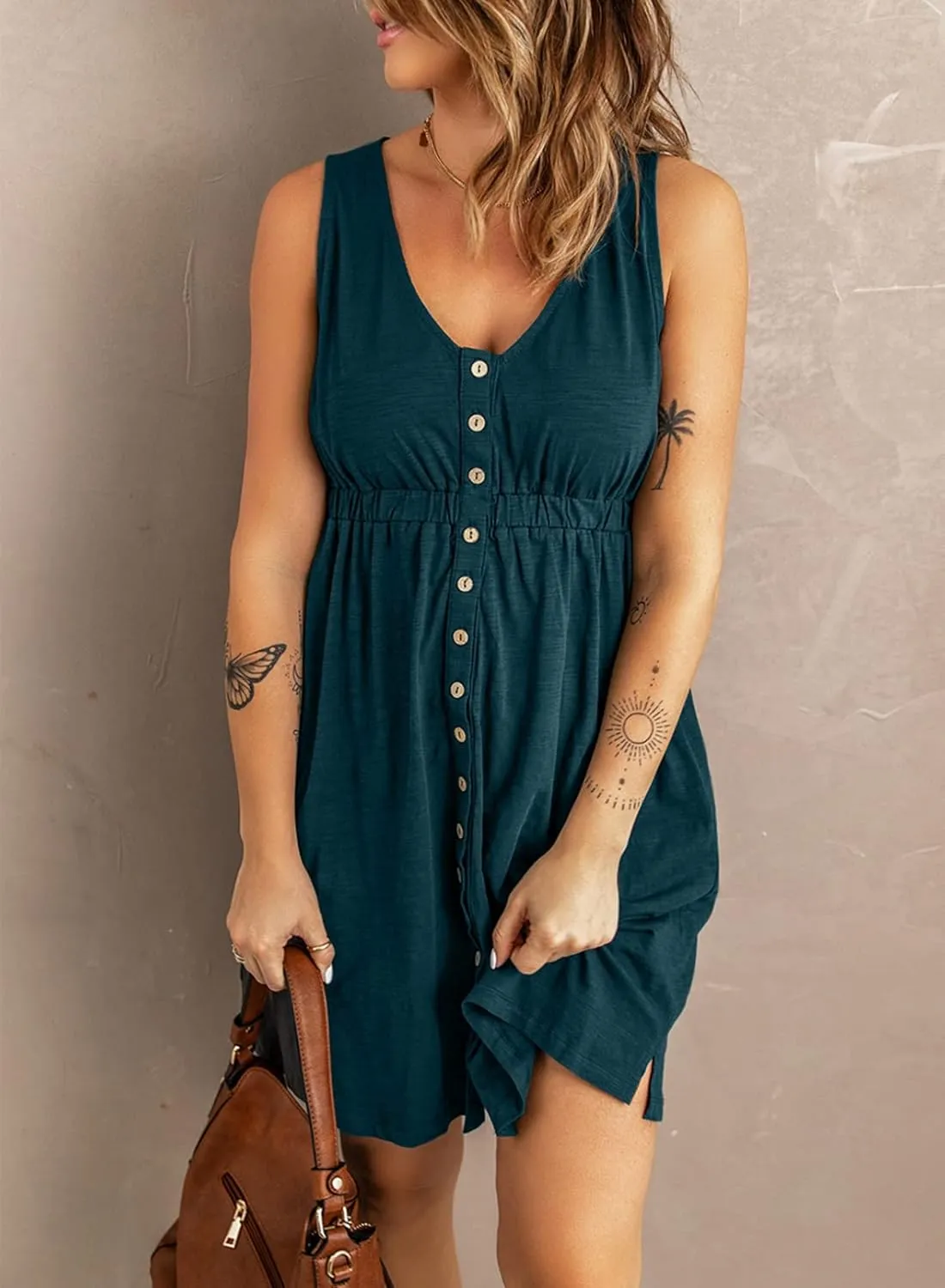 BLENCOT Women's Casual Sleeveless T-Shirt Dresses Summer V Neck Button Down Swing Short Dress