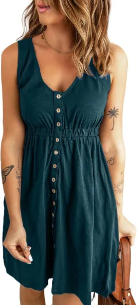 BLENCOT Women's Casual Sleeveless T-Shirt Dresses Summer V Neck Button Down Swing Short Dress