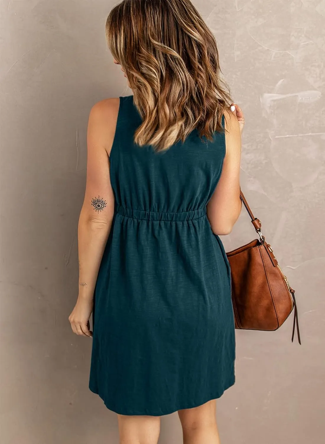 BLENCOT Women's Casual Sleeveless T-Shirt Dresses Summer V Neck Button Down Swing Short Dress