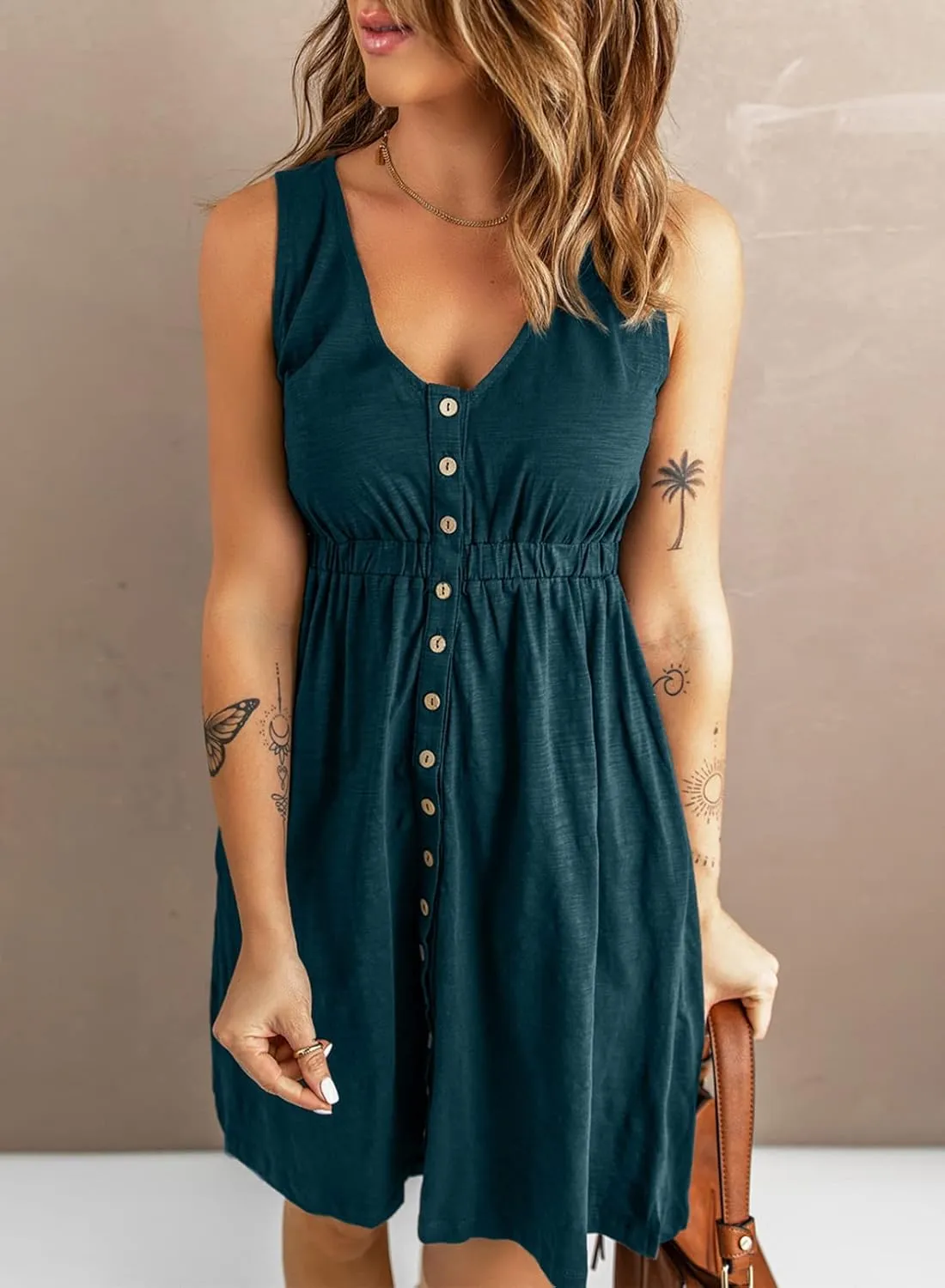 BLENCOT Women's Casual Sleeveless T-Shirt Dresses Summer V Neck Button Down Swing Short Dress