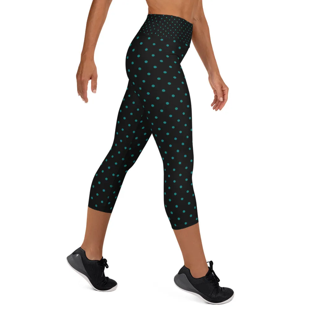 Blue Dots Capri Leggings, Teal Blue Polka Dots Women's Capris Tights-Made in USA/EU