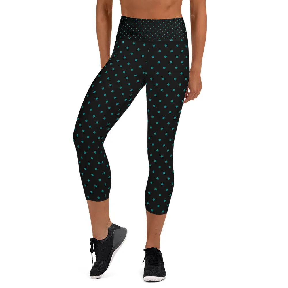 Blue Dots Capri Leggings, Teal Blue Polka Dots Women's Capris Tights-Made in USA/EU