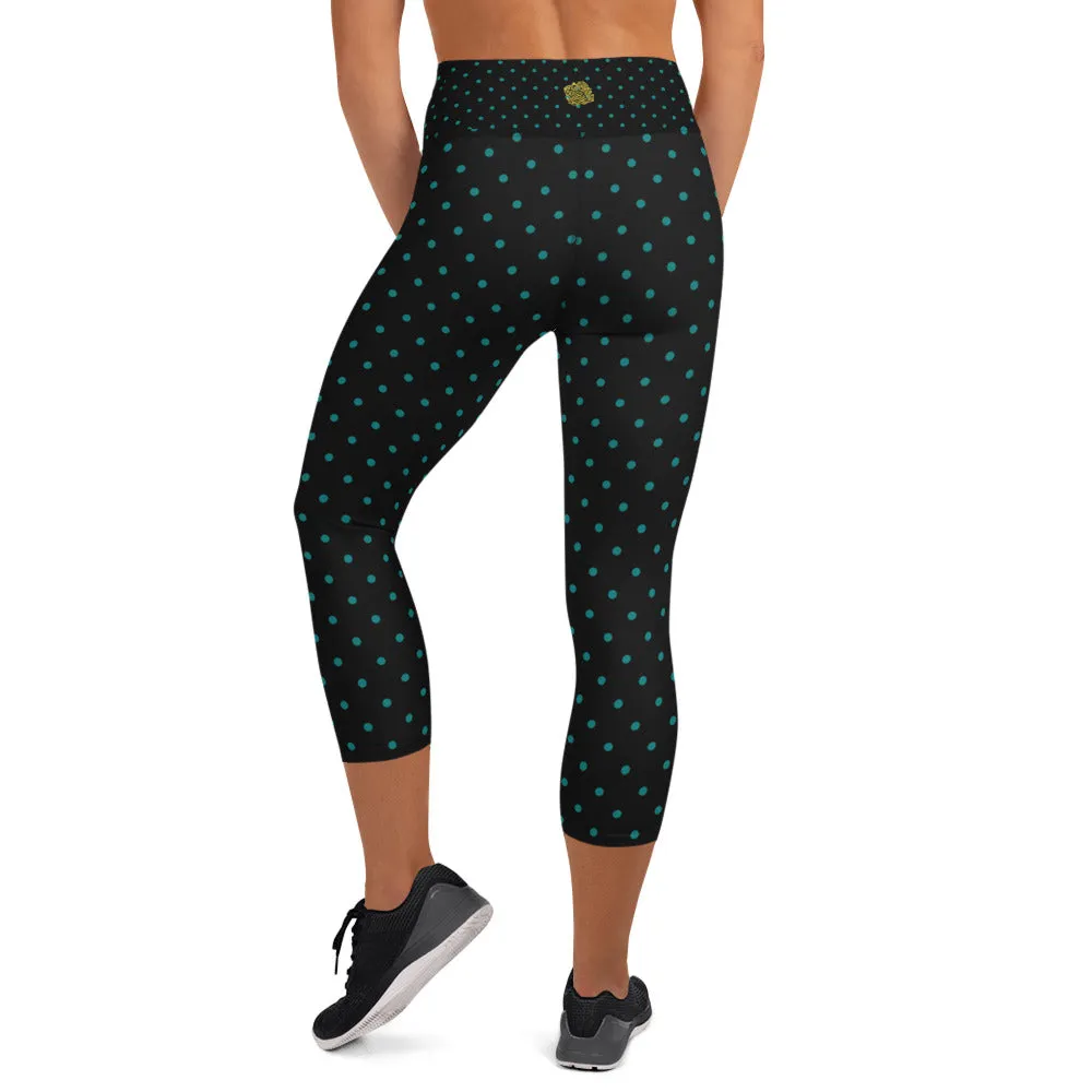 Blue Dots Capri Leggings, Teal Blue Polka Dots Women's Capris Tights-Made in USA/EU