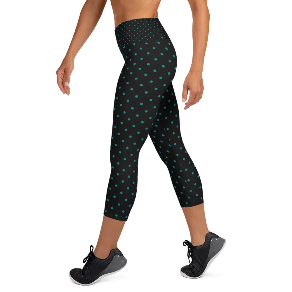 Blue Dots Capri Leggings, Teal Blue Polka Dots Women's Capris Tights-Made in USA/EU