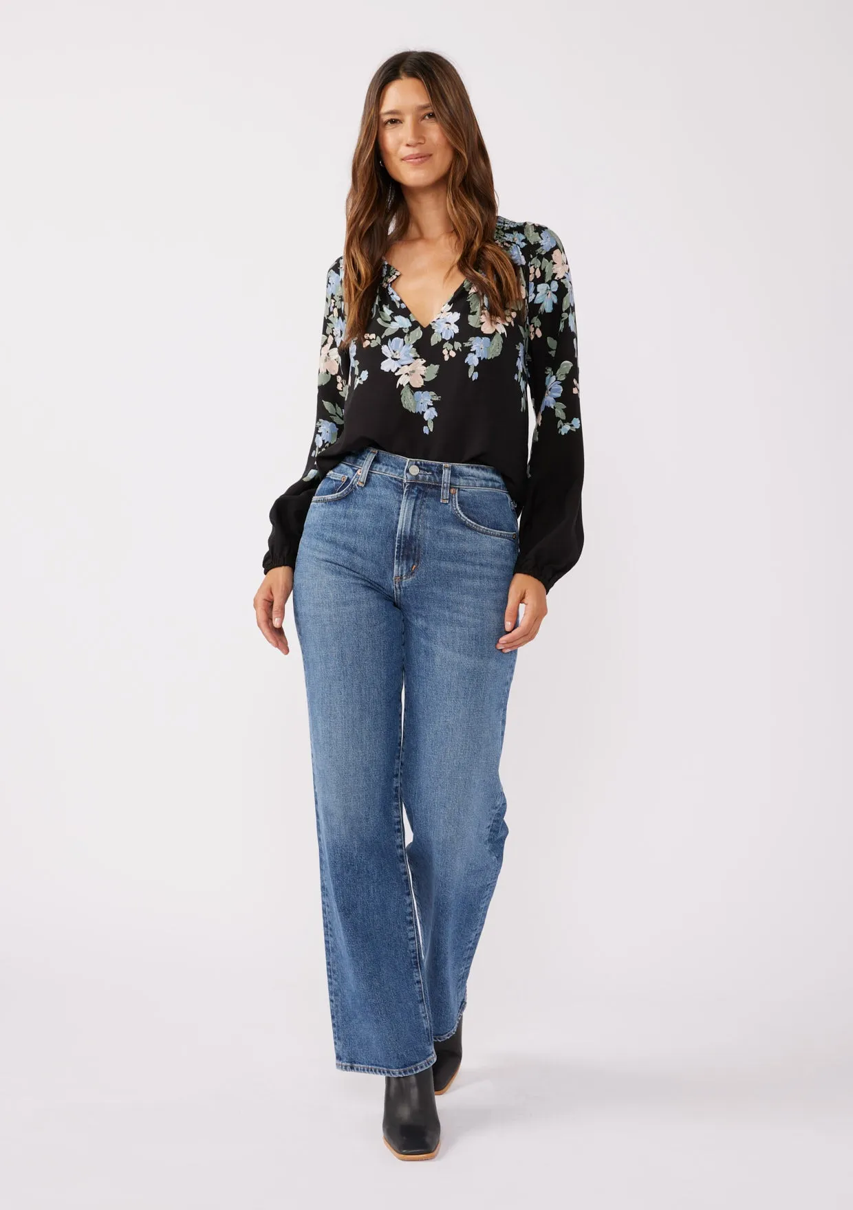 Blue Floral V-Split Smocked Neck Blouse