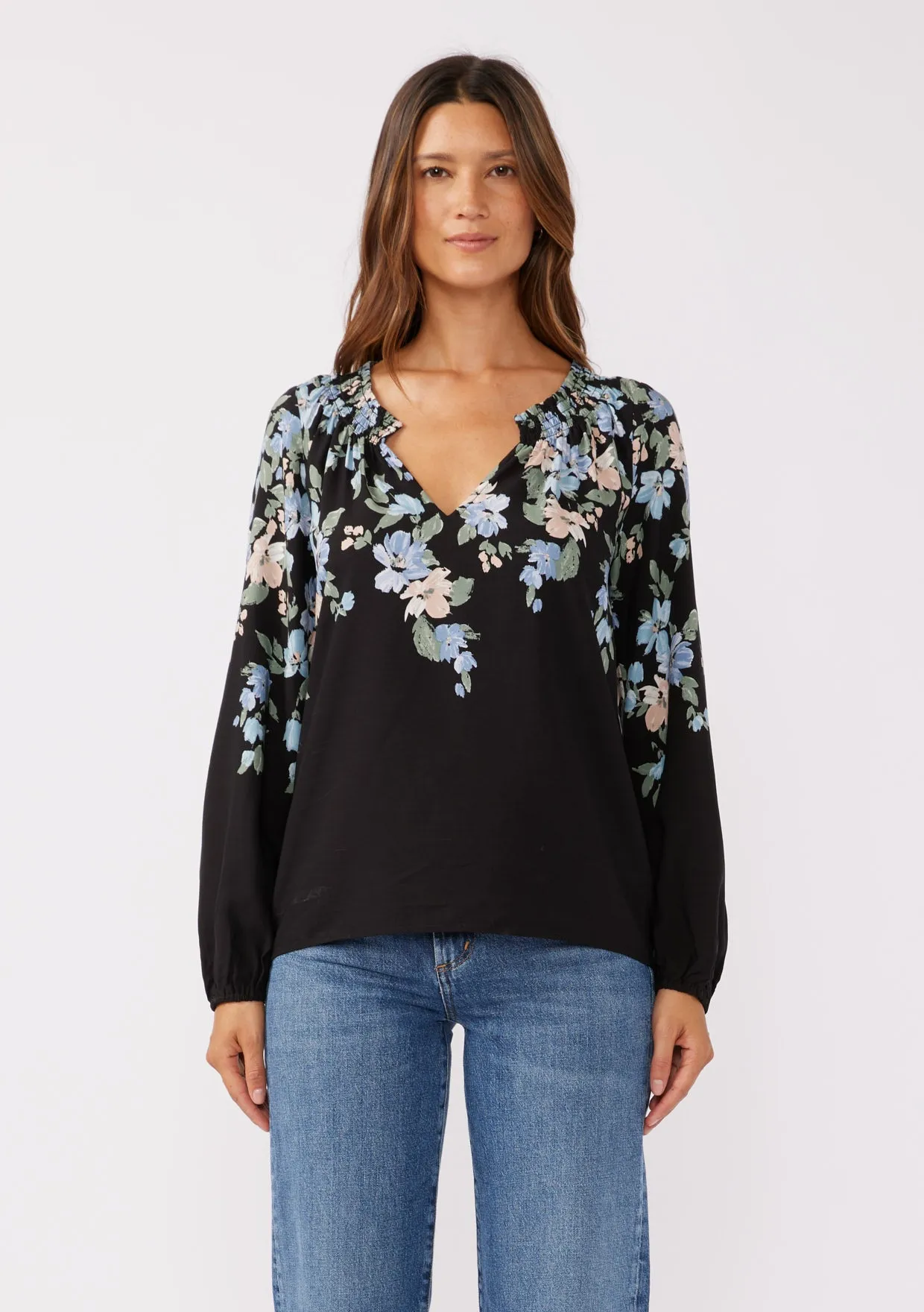 Blue Floral V-Split Smocked Neck Blouse