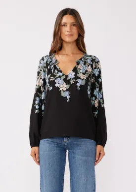 Blue Floral V-Split Smocked Neck Blouse