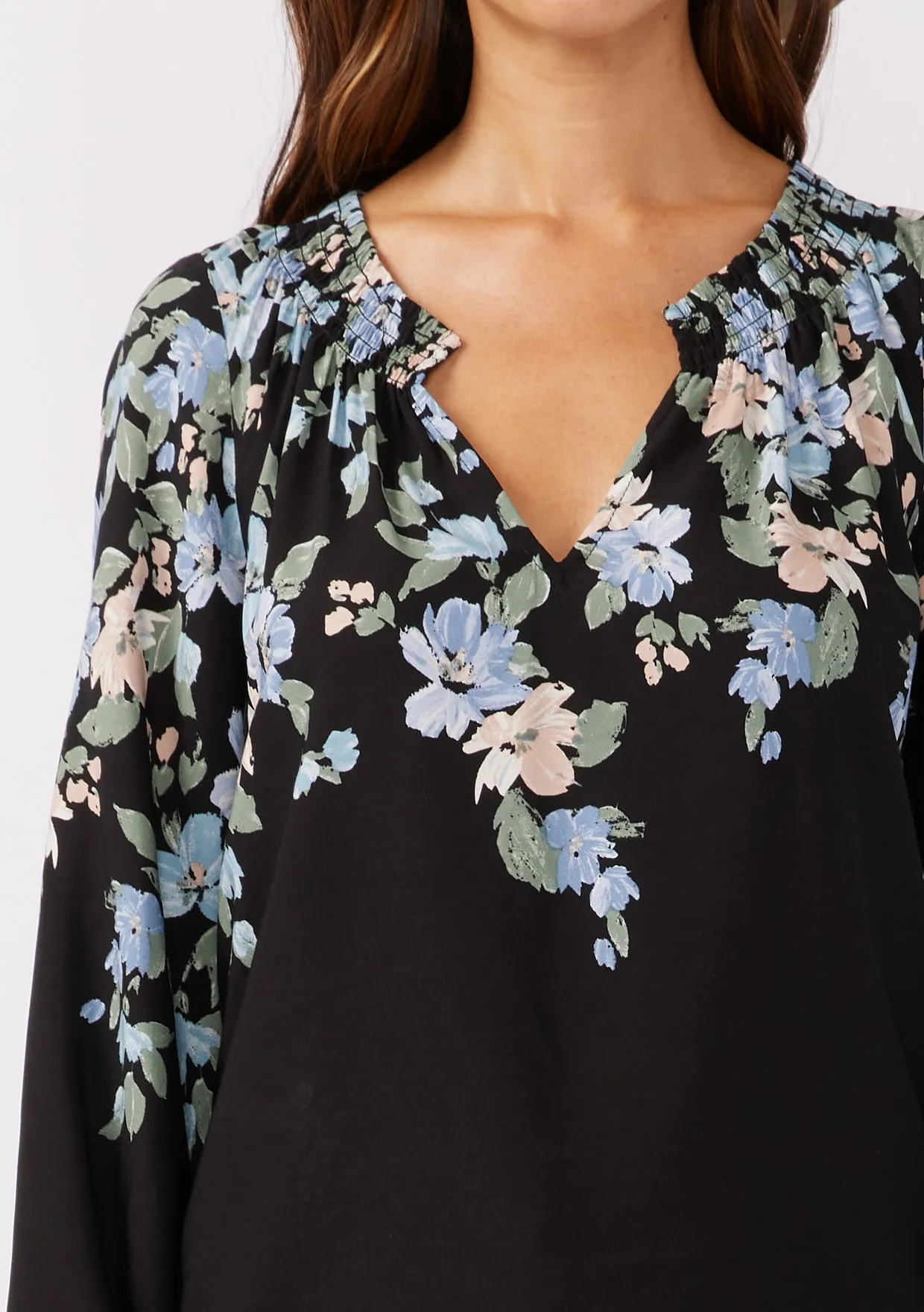 Blue Floral V-Split Smocked Neck Blouse