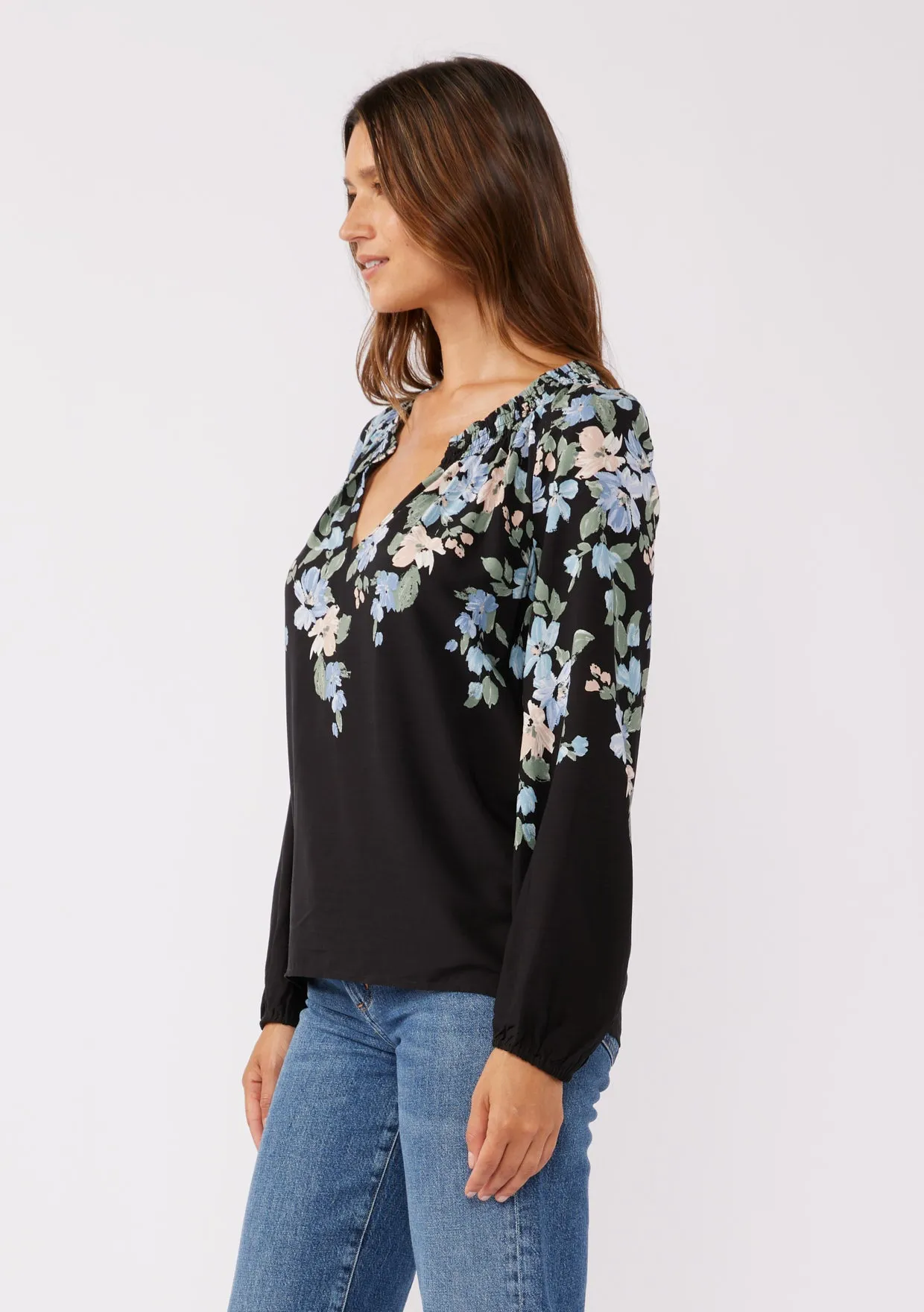Blue Floral V-Split Smocked Neck Blouse
