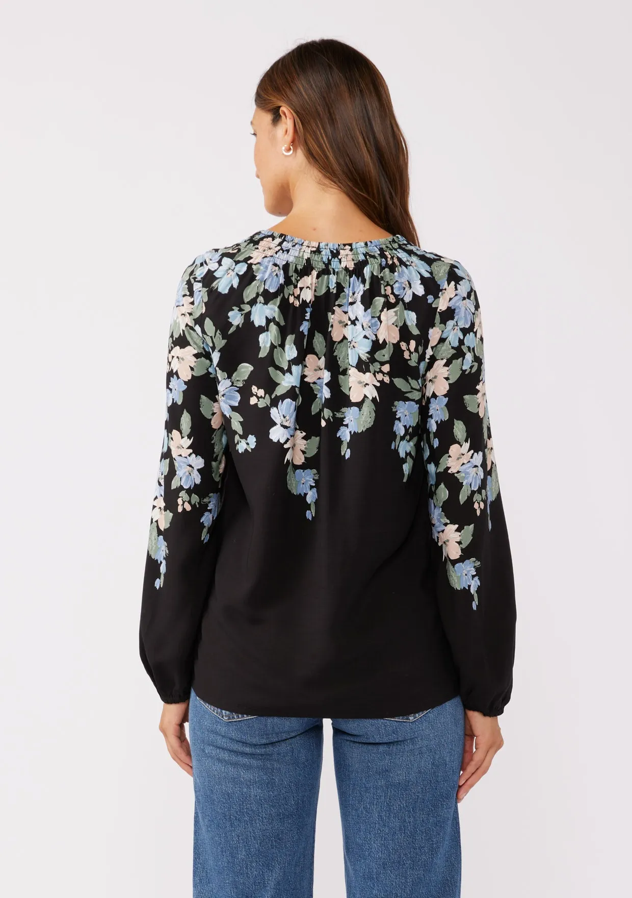 Blue Floral V-Split Smocked Neck Blouse