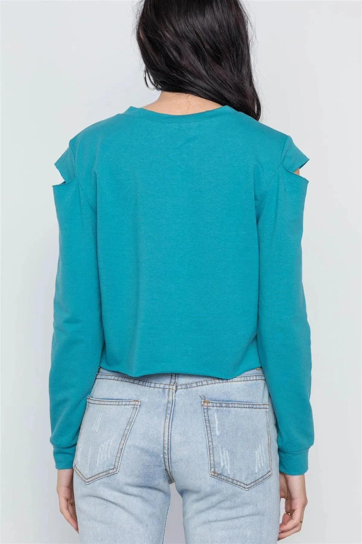 Blue Turquoise Cold Shoulder Long Sleeve Graphic Top /1-2
