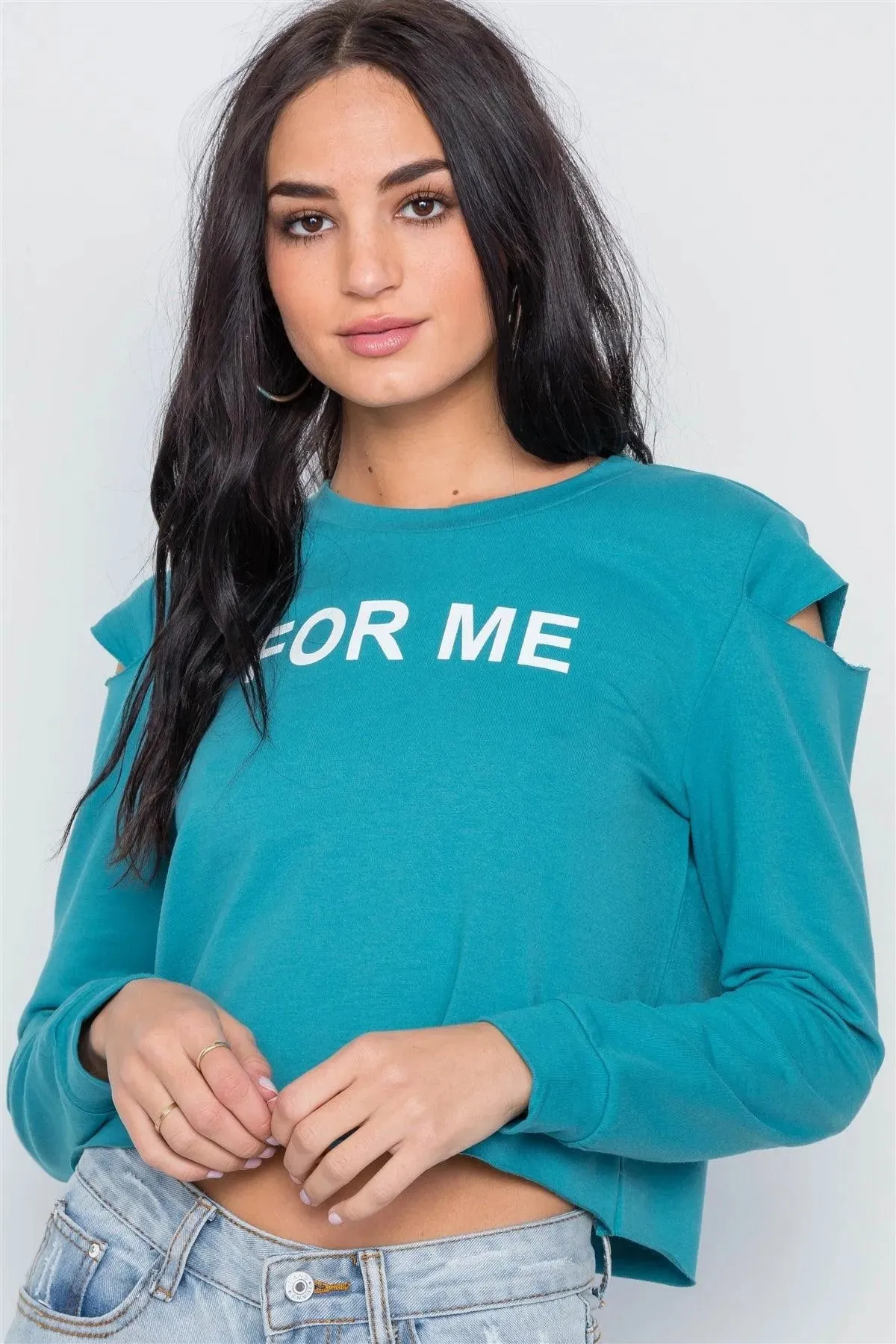 Blue Turquoise Cold Shoulder Long Sleeve Graphic Top /1-2