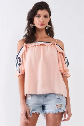 Blush Pink Off-The-Shoulder Short Pleated Sleeve Ruffle Trim Relaxed Top /1-2-2-1