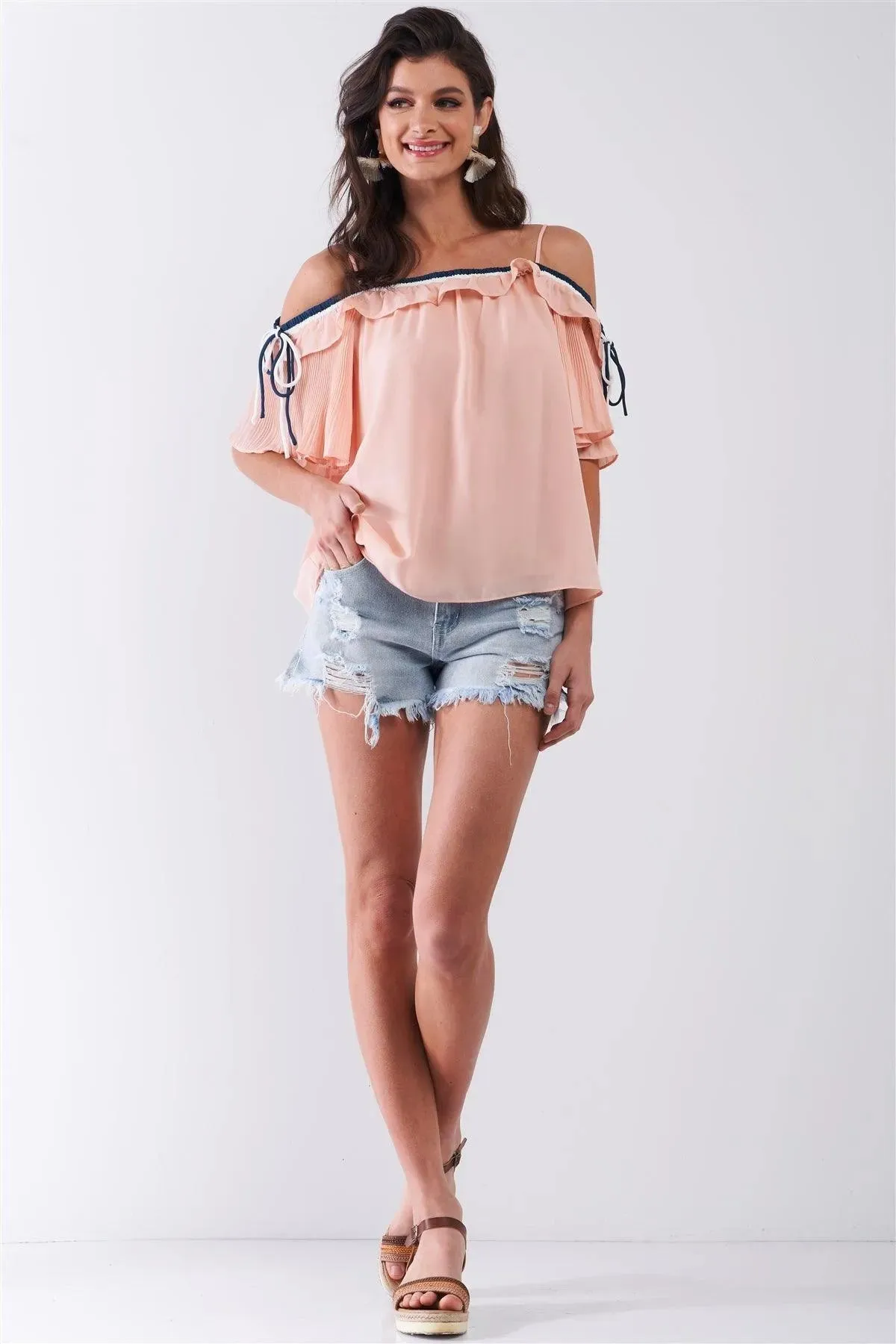 Blush Pink Off-The-Shoulder Short Pleated Sleeve Ruffle Trim Relaxed Top /1-2-2-1