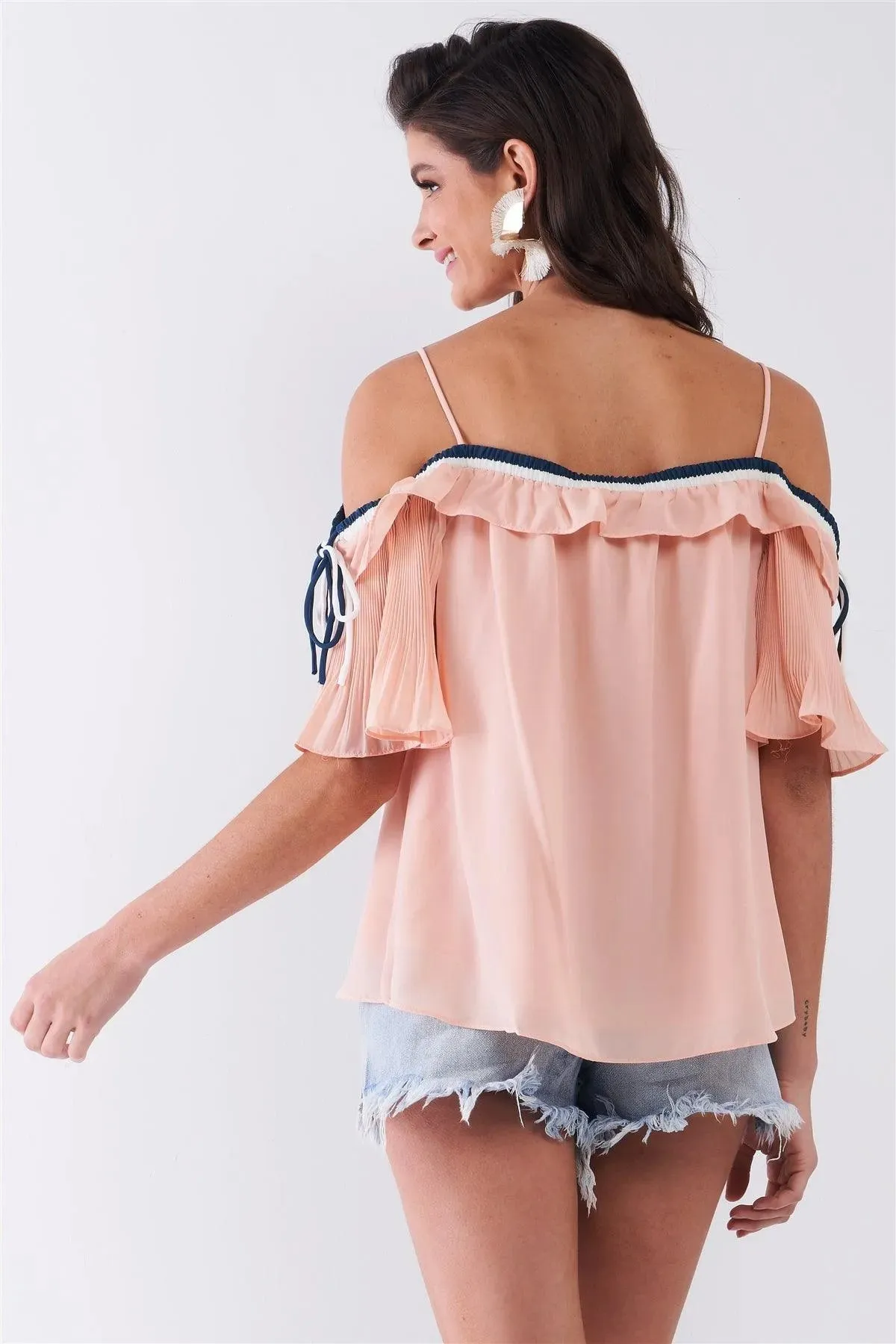 Blush Pink Off-The-Shoulder Short Pleated Sleeve Ruffle Trim Relaxed Top /1-2-2-1