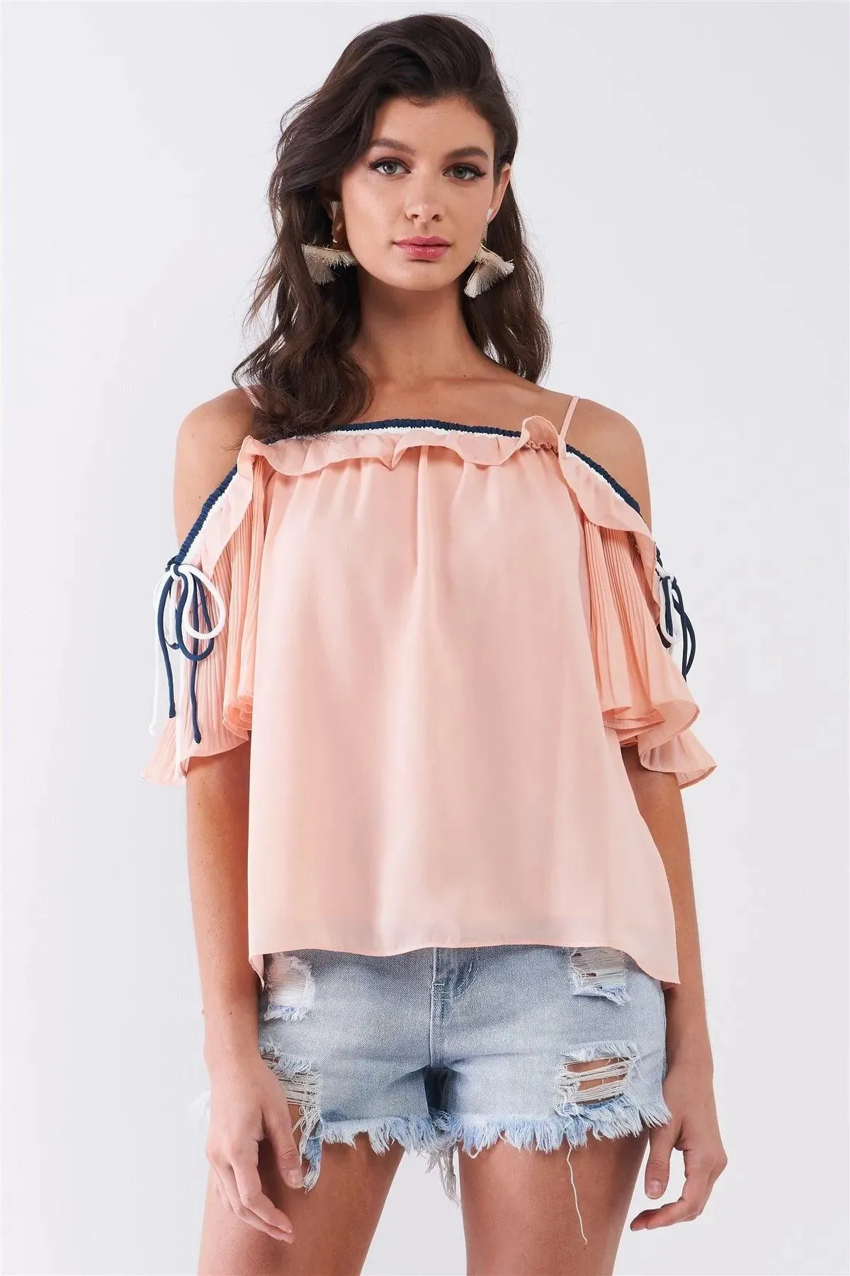 Blush Pink Off-The-Shoulder Short Pleated Sleeve Ruffle Trim Relaxed Top /1-2-2-1
