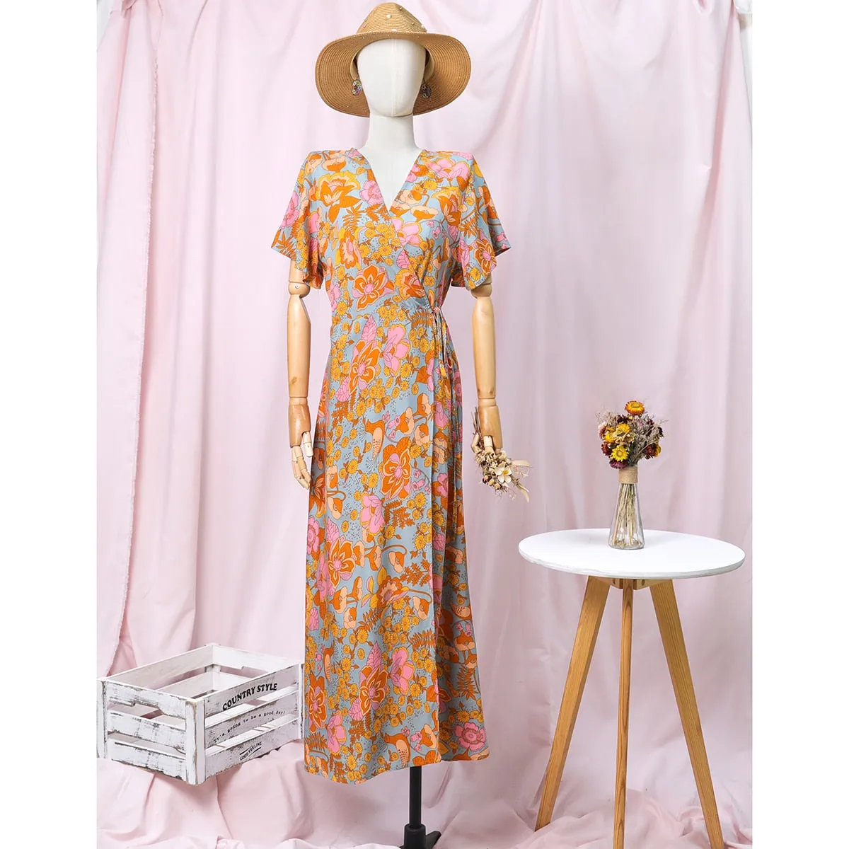 Boho Maxi Dress, Sundress, De Rosa Vintage Orange