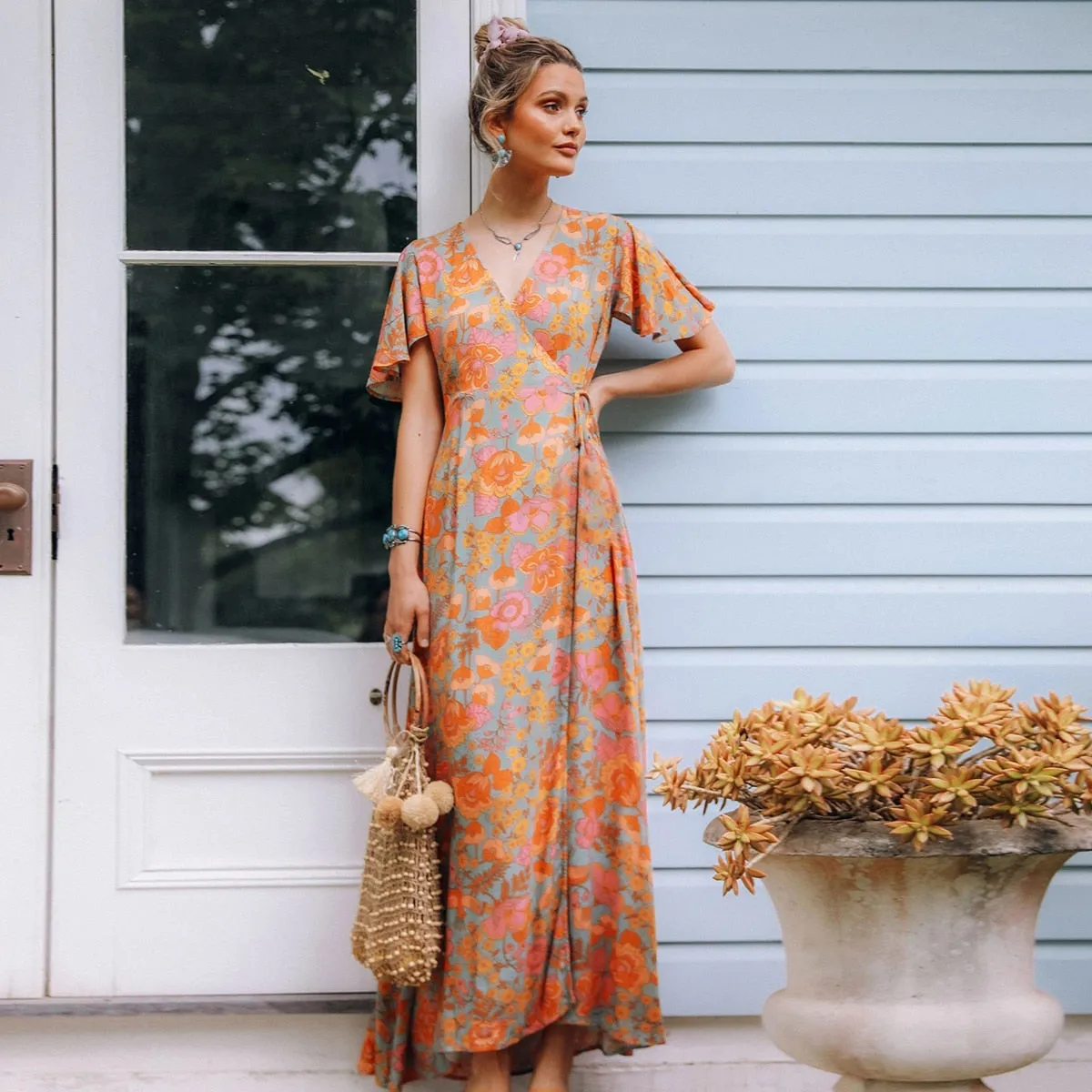 Boho Maxi Dress, Sundress, De Rosa Vintage Orange