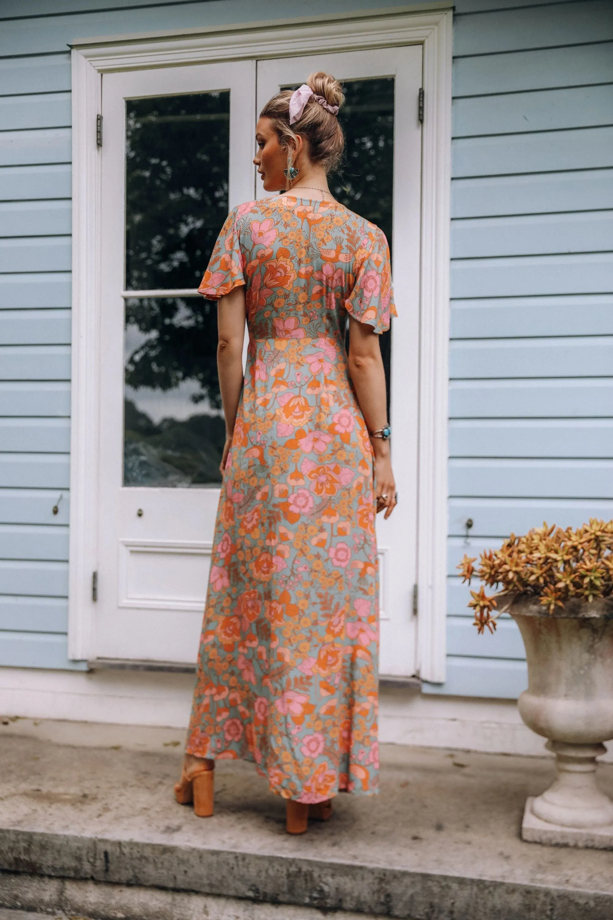 Boho Maxi Dress, Sundress, De Rosa Vintage Orange