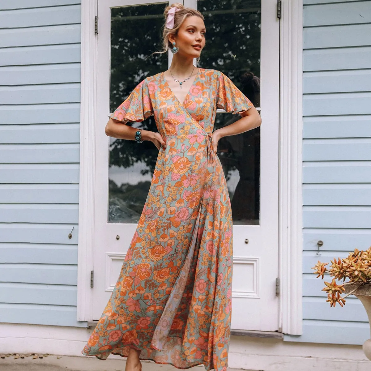 Boho Maxi Dress, Sundress, De Rosa Vintage Orange